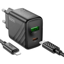 Мережевий зарядний пристрій HOCO CS23A TYPE-C PD 30W + USB QC 3.0 + КАБЕЛЬ Type-C - Lightning, чорний