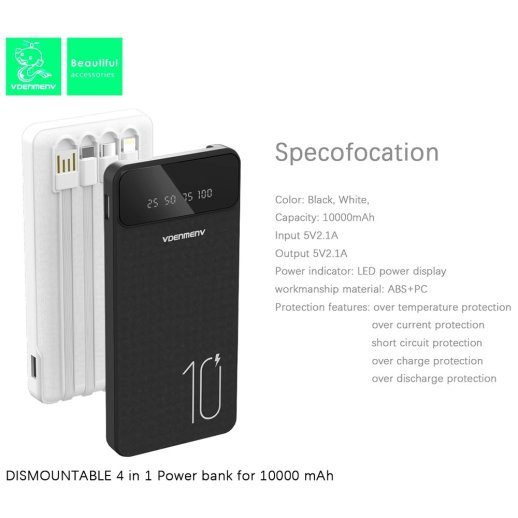 POWERBANK DENMEN DP19 10000mAh 2.1A LED power display Вбудовані кабелі