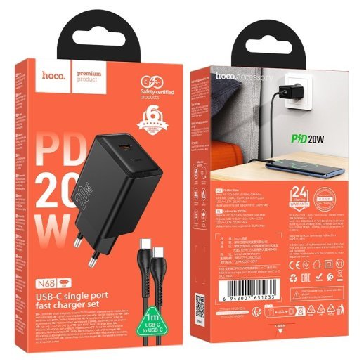 Зарядний пристрій HOCO N68 Nuevo, 20 Вт PD, один USB-C порт, комплект з кабелем Type-C to Type-C, EU-вилка, чорний