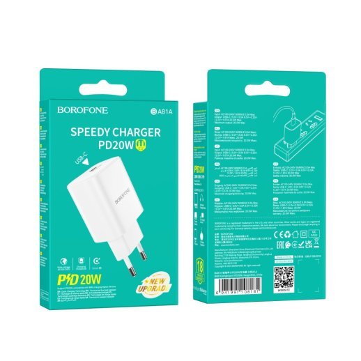 Мережевий зарядний пристрій BOROFONE BA81A TYPE-C PD 20W, білий
