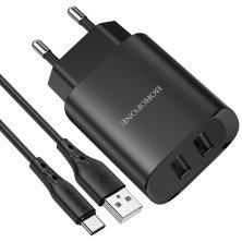 Мережевий зарядний пристрій Borofone BN2 2*USB 2,1A + кабель USB - Type-C, чорний