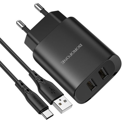 Мережевий зарядний пристрій Borofone BN2 2*USB 2,1A + кабель USB - Type-C, чорний