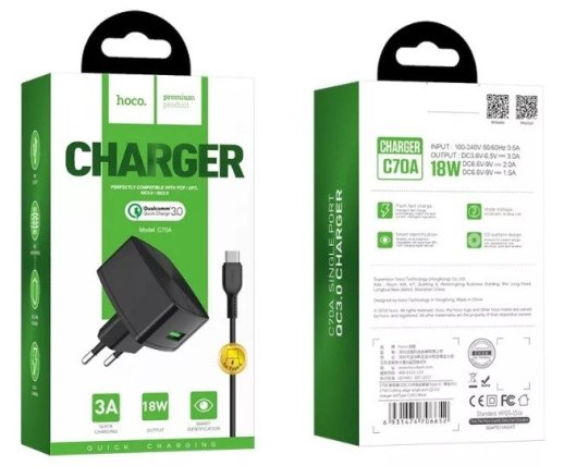 Мережевий зарядний пристрій HOCO C70A QC3.0 USB + КАБЕЛЬ USB - Type-C ЧОРНИЙ
