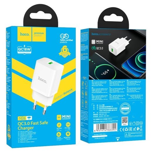 Мережевий зарядний пристрій HOCO N26 QC 3.0 3A USB БIЛИЙ