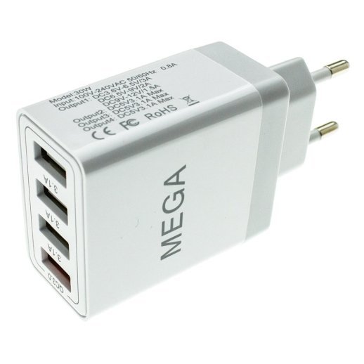 Мережевий зарядний пристрій MEGA 4 USB QC 3.0 30W без упаковки
