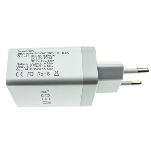 Мережевий зарядний пристрій MEGA 4 USB QC 3.0 30W без упаковки