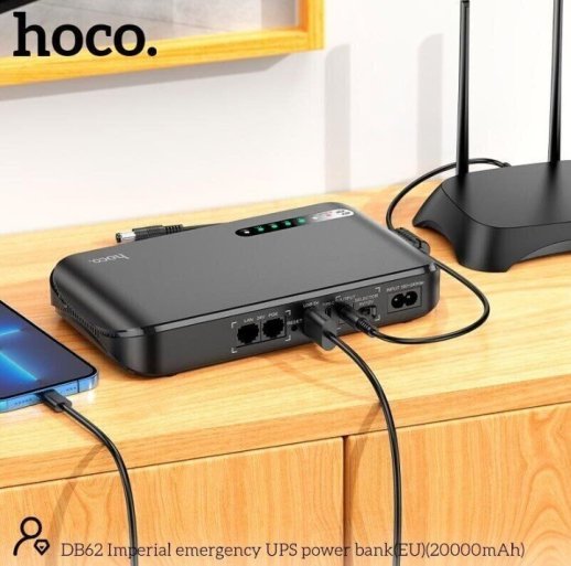 ДБЖ для роутера HOCO DB62 UPS + POWERBANK 20000mah 9V/12V + USB 5V + TYPE-C 1A, ЧОРНИЙ