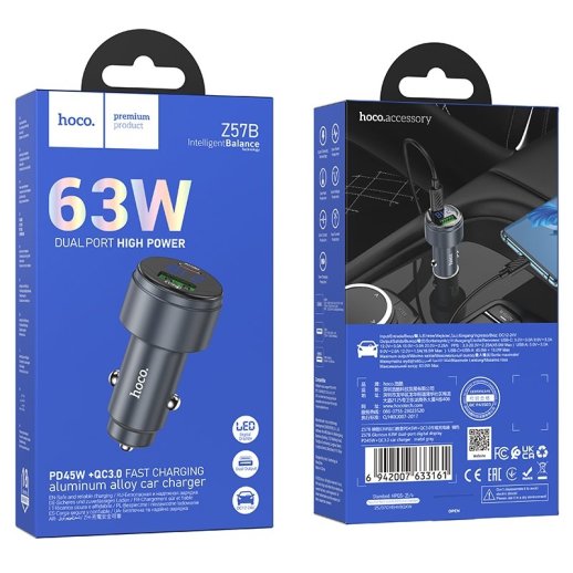 Автомобільний зарядний пристрій HOCO Z57B PD 45W + USB QC3.0, сірий