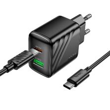 Мережевий зарядний пристрій HOCO CS25A TYPE-C PD 20W + USB QC 3.0 + КАБЕЛЬ TYPE-C - TYPE-C, чорний