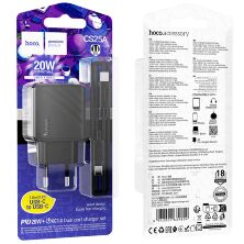 Мережевий зарядний пристрій HOCO CS25A TYPE-C PD 20W + USB QC 3.0 + КАБЕЛЬ TYPE-C - TYPE-C, чорний