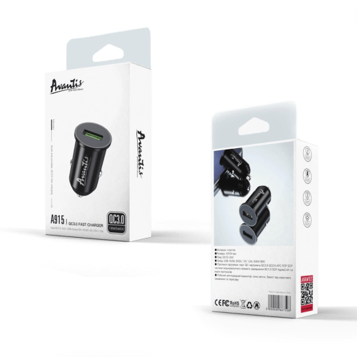 Автомобільний зарядний пристрій Avantis A915 QC3.0 18W Black