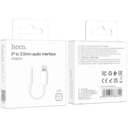 Аудіо-конвертор HOCO LS34 Original Lightning (папа) - 3,5 мм (мама), 8 см, білий