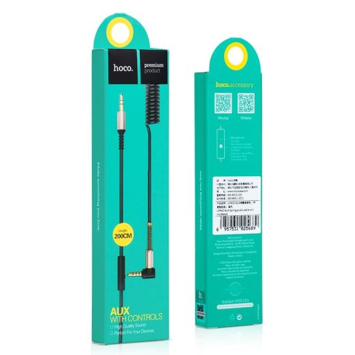 Кабель HOCO UPA02 AUX Spring Audio, 3,5 мм → 3,5 мм, пружинний, з мікрофоном, 1 м, чорний