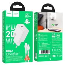 Зарядний пристрій HOCO N68 Nuevo, 20 Вт PD, один USB-C порт, комплект з кабелем Type-C to Lightning, EU-вилка, білий