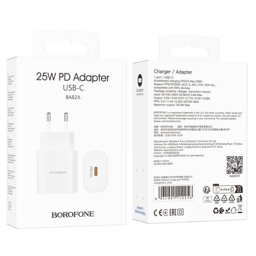 Мережевий зарядний пристрій BOROFONE BA82A TYPE-C PD 25W, білий