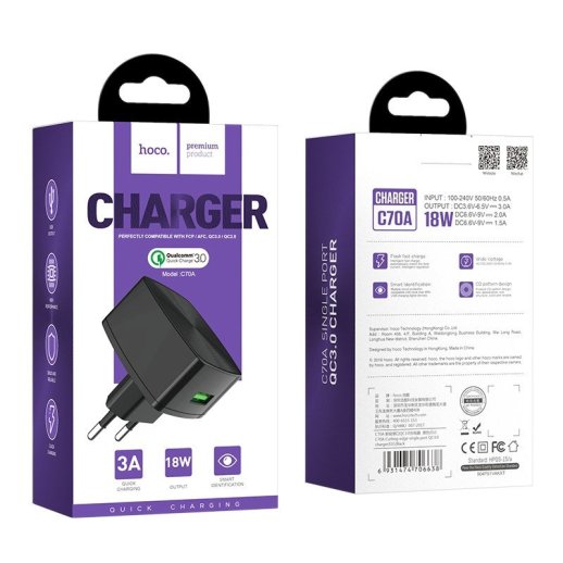 Мережевий зарядний пристрій HOCO C70A USB QC 3.0 3A ЧОРНИЙ