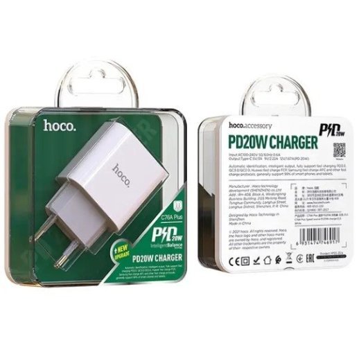 Мережевий зарядний пристрій HOCO C76A PLUS TYPE-C PD 20W, білий