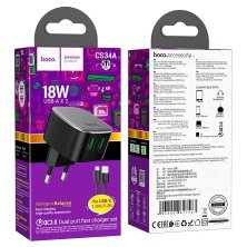 СЗУ HOCO CS34A QC3.0 (2USB/3A/18W) + USB - Type-C (12pc) (черный)