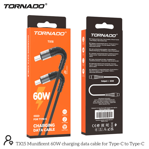 USB Cable TORNADO TX15 Тканевая Оплётка Type-C to Type-C 60W/1m Black