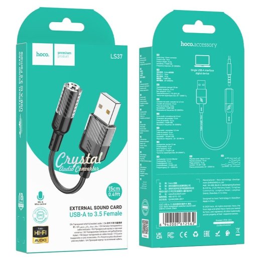 Аудіо-конвертор HOCO LS37 Spirit зовнішня звукова карта USB (папа) на роз'єм 3,5 мм (мама), 15cм, чорний