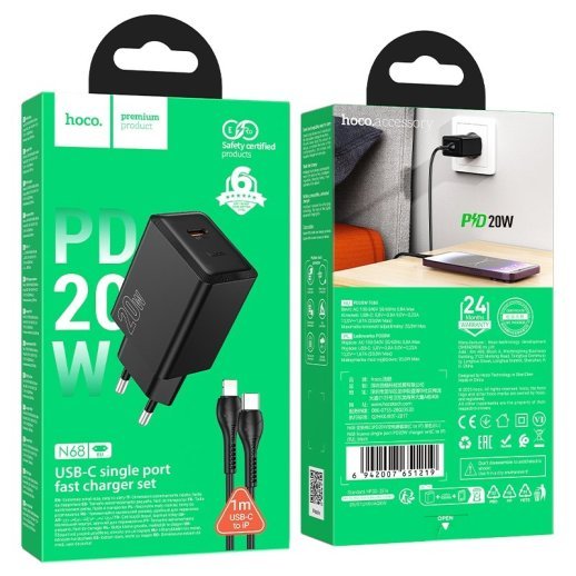 Зарядний пристрій HOCO N68 Nuevo, 20 Вт PD, один USB-C порт, комплект з кабелем Type-C to Lightning, EU-вилка, чорний