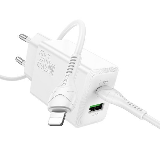 Зарядний пристрій HOCO N69 Nuevo, PD20W + QC3.0, два порти (USB-C + USB-A), комплект з кабелем Type-C to Lightning, EU-вилка, білий