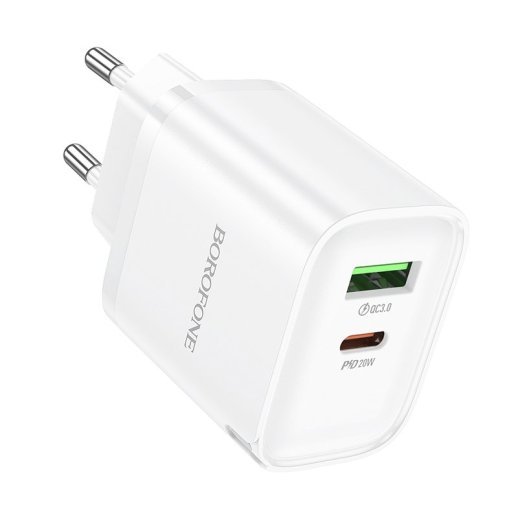 Мережевий зарядний пристрій BOROFONE BA83A TYPE-C PD 20W + USB QC3.0, білий