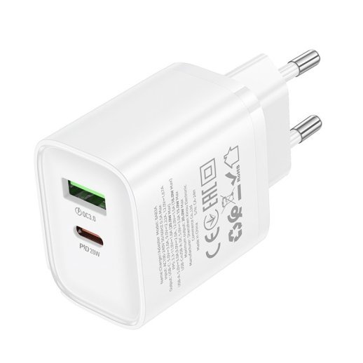Мережевий зарядний пристрій BOROFONE BA83A TYPE-C PD 20W + USB QC3.0, білий