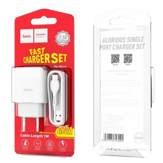 Мережевий зарядний пристрій HOCO C72A USB 2.1A + кабель USB - MicroUSB, білий