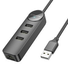 Перехідник BOROFONE DH6 Erudite USB HUB 4-в-1 Gigabit (USB на USB 3.0*3шт. + RJ45) довжина 1,2 метри