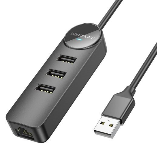 Перехідник BOROFONE DH6 Erudite USB HUB 4-в-1 Gigabit (USB на USB 3.0*3шт. + RJ45) довжина 1,2 метри