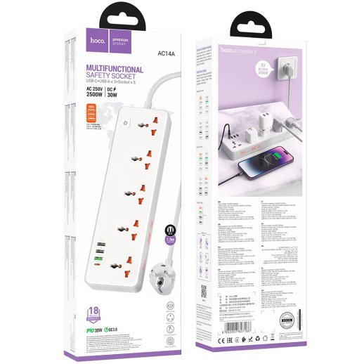 Сетевой удлинитель Hoco AC14A PD30W (3USB/1Type-C/5xSocket) (белый)