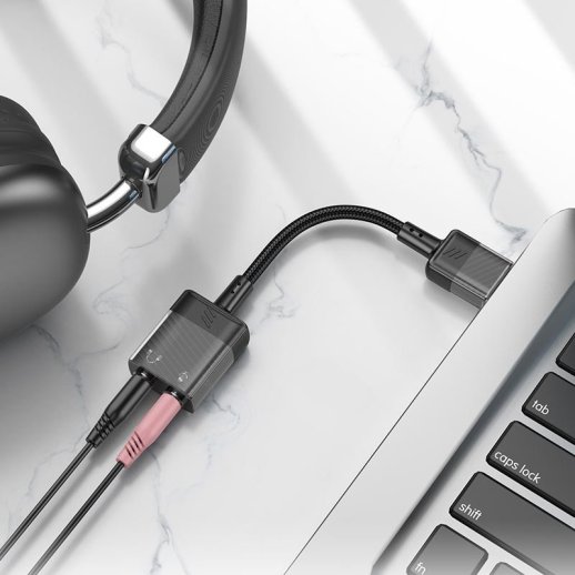 Аудіо-конвертор HOCO LS37 Spirit зовнішня звукова карта USB-A (штекер) на два 3,5мм гнізда (мама), 0.15м, чорний