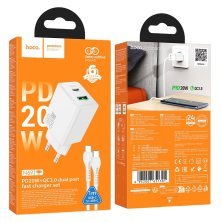 Зарядний пристрій HOCO N69 Nuevo, PD20W + QC3.0, два порти (USB-C + USB-A), комплект з кабелем Type-C to Type-C, EU-вилка, білий