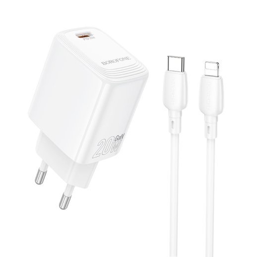 Мережевий зарядний пристрій BOROFONE BN26 PD 20W + кабель TYPE-C - LIGHTNING, білий