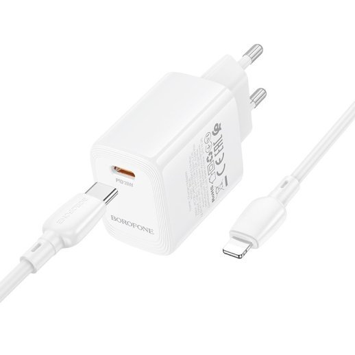 Мережевий зарядний пристрій BOROFONE BN26 PD 20W + кабель TYPE-C - LIGHTNING, білий