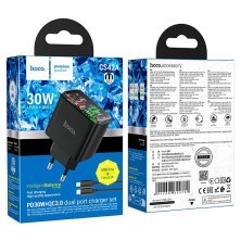 СЗУ HOCO CS42A PD30W+ QC3.0 (1USB/1Type-C) + Type-C - Lightning (32pc) (черный)