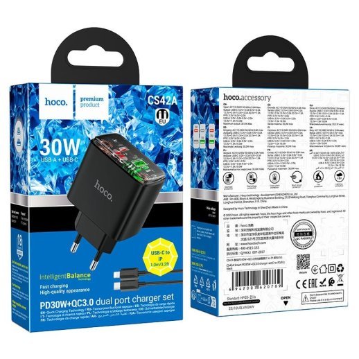 СЗУ HOCO CS42A PD30W+ QC3.0 (1USB/1Type-C) + Type-C - Lightning (32pc) (черный)