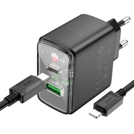 СЗУ HOCO CS42A PD30W+ QC3.0 (1USB/1Type-C) + Type-C - Lightning (32pc) (черный)