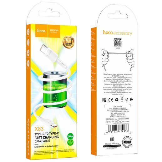 USB-C кабель HOCO X83 60W Type-C - Type-C 1 MЕТР, білий