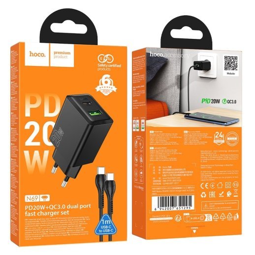 Зарядний пристрій HOCO N69 Nuevo, PD20W + QC3.0, два порти (USB-C + USB-A), комплект з кабелем Type-C to Type-C, EU-вилка, чорний