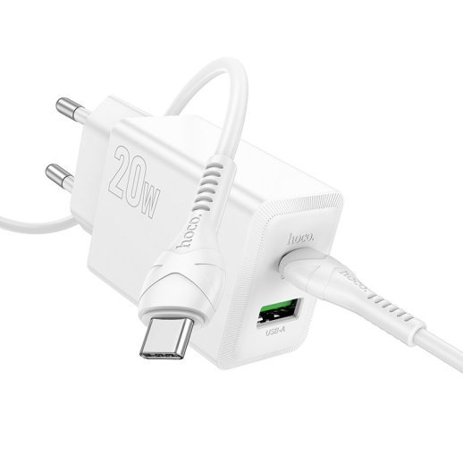 Зарядний пристрій HOCO N69 Nuevo, PD20W + QC3.0, два порти (USB-C + USB-A), комплект з кабелем Type-C to Type-C, EU-вилка, білий