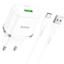 Мережевий зарядний пристрій HOCO N3 USB QC 3.0 + КАБЕЛЬ USB - Type-C БIЛИЙ