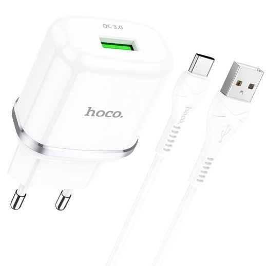 Мережевий зарядний пристрій HOCO N3 USB QC 3.0 + КАБЕЛЬ USB - Type-C БIЛИЙ
