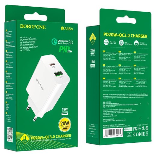 Мережевий зарядний пристрій BOROFONE BA56A Lavida dual port PD20W+QC3.0 charger(EU)