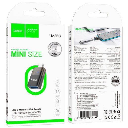 OTG-адаптер HOCO UA36B Type-C (папа) - USB 3.0 (мама), чорний