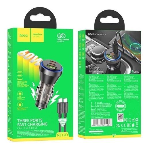 Автомобільний зарядний пристрій HOCO NZ12D 2 Type-C PD 60W + USB-A QC3.0 + кабель TYPE-C - TYPE-C