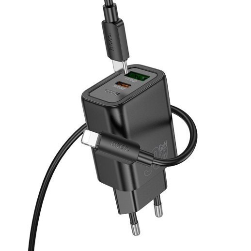 Мережевий зарядний пристрій HOCO N63 TYPE-C PD 30W + USB QC 3.0 + КАБЕЛЬ TYPE-C - LIGHTNING, чорний