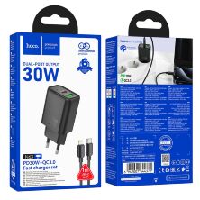 Мережевий зарядний пристрій HOCO N63 TYPE-C PD 30W + USB QC 3.0 + КАБЕЛЬ TYPE-C - LIGHTNING, чорний