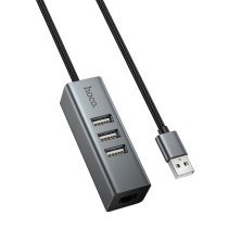 USB HUB HOCO HB1D 4in1 (USB to USB2.0*3+RJ45), сірий